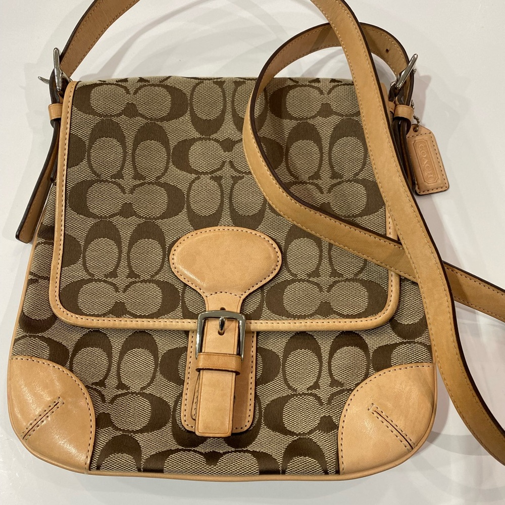 Coach 6079 Signature Crossbody Bag Tan leather Trim